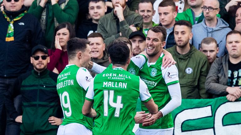 Hibernian&#39;s Christian Doidge celebrates the own goal to make it 1-0 during the Ladbrokes Premiership match between Hibernian and Celtic at Easter Road