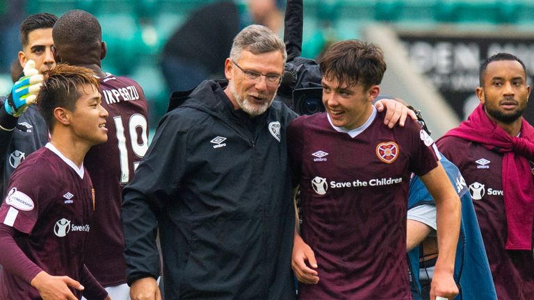 Aaron Hickey celebrates with Craig Levein