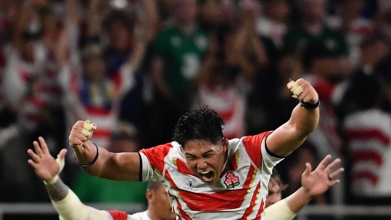 FUKUROI, JAPAN - SEPTEMBER 28: Japan's Kazuki Himeno celebrates at the final whistle after their 19-12 victory in the Rugby World Cup 2019 Group A game between Japan and Ireland at Shizuoka Stadium Ecopa on September 28, 2019 in Fukuroi, Shizuoka, Japan. (Photo by Ashley Western/MB Media/Getty Images)