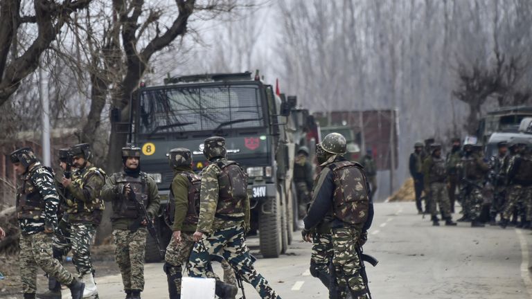 Indian security forces personnel on manoeuvres in South Kashmir's Pulwama District in February 2019