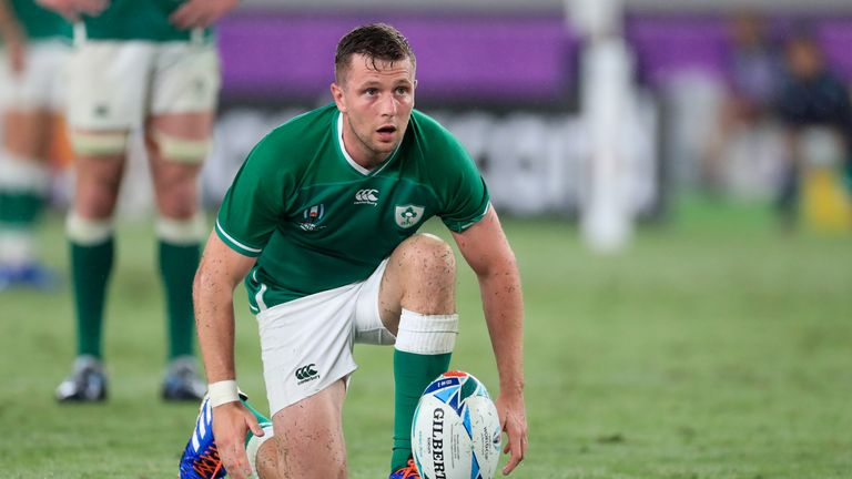 YOKOHAMA, JAPAN - SEPTEMBER 22: Jack Carty of Ireland lines up a kick at goal during the Rugby World Cup 2019 Group A game between Ireland and Scotland at International Stadium Yokohama on September 22, 2019 in Yokohama, Kanagawa, Japan. (Photo by Craig Mercer/MB Media/Getty Images)