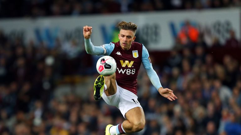 Jack Grealish controls the ball during a Premier League match between Aston Villa and West Ham