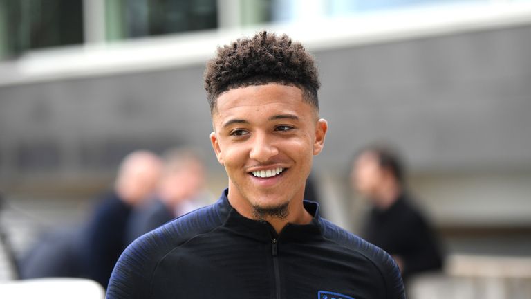 Jadon Sancho smiles during an England Media Access day at St George's Park on September 02, 2019