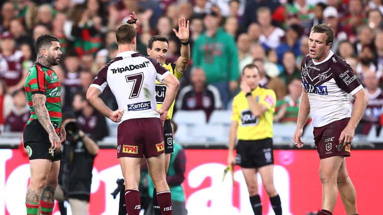 SYDNEY, AUSTRALIA - SEPTEMBER 20: Jake Trbojevic of the Sea Eagles reacts to being sin binned during the NRL Semi Final match between the South Sydney Rabbitohs and the Manly Sea Eagles at ANZ Stadium on September 20, 2019 in Sydney, Australia. (Photo by Mark Metcalfe/Getty Images)