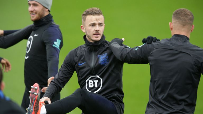 James Maddison takes part in an England training session.