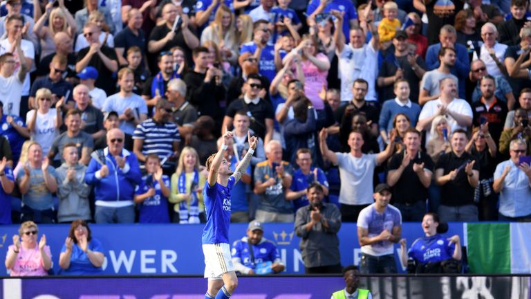 James Maddison celebrates scoring the winner for Leicester against Tottenham