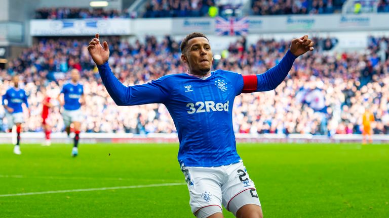 James Tavernier celebrates after scoring to make it 1-0 during the Ladbrokes Premiership match between Rangers and Aberdeen at Ibrox 