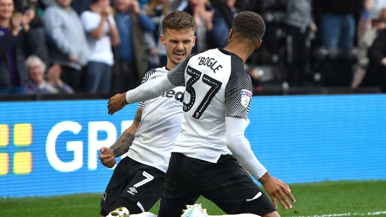 Derby County's Jamie Paterson celebrates scoring his side's third goal of the game