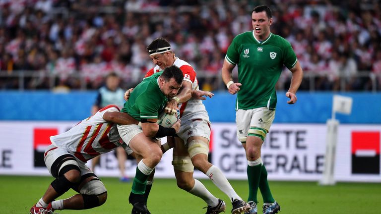 28 September 2019; Cian Healy of Ireland is tackled by Jiwon Koo and Luke Thompson of Japan during the 2019 Rugby World Cup Pool A match between Japan and Ireland at the Shizuoka Stadium Ecopa in Fukuroi, Shizuoka Prefecture, Japan. Photo by Brendan Moran/Sportsfile