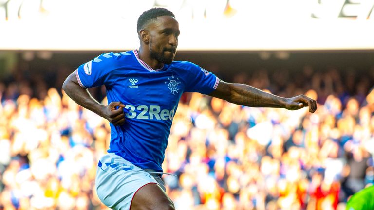 Jermain Defoe celebrates after scoring to make it 5-0 during the Ladbrokes Premiership match between Rangers and Aberdeen at Ibrox 