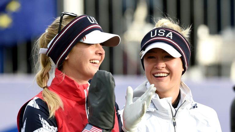 Team USA's Jessica Korda (left) and Nelly Korda on the 1st tee during the second day of the Solheim Cup