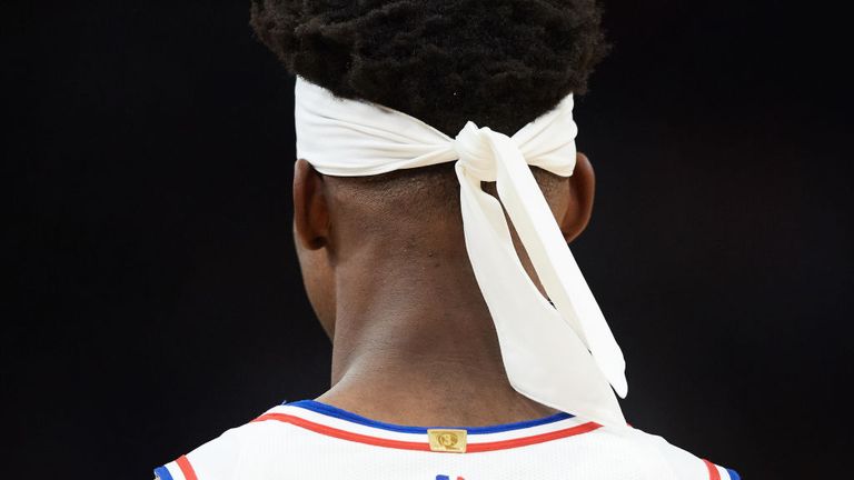 The headband of Jimmy Butler of the Philadelphia 76ers is seen during the game against the Minnesota Timberwolves on March 30