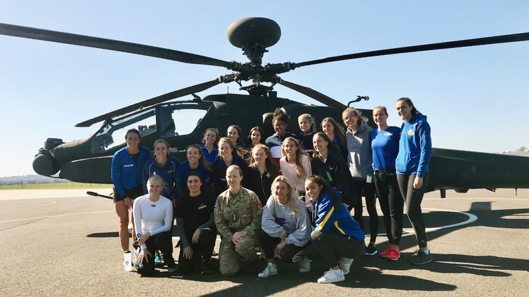 Jo Vann with members of the Team Bath student and U21 squads at the Army Aviation Centre in Middle Wallop