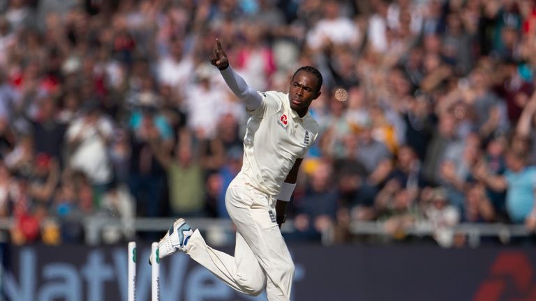 Jofra Archer of  England celebrates bowling Travis Head of Australia at Emirates Old Trafford on September 7, 2019 in Manchester, England. (Photo by Visionhaus/Getty Images) *** Local Caption *** Jofra Archer
