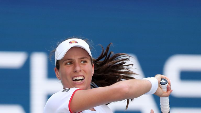 Johanna Konta of Great Britain returns a shot during her Women's Singles quarterfinal match against Elina Svitolina of the of the Ukraine on day nine of the 2019 US Open at the USTA Billie Jean King National Tennis Center on September 03, 2019 in the Queens borough of New York City