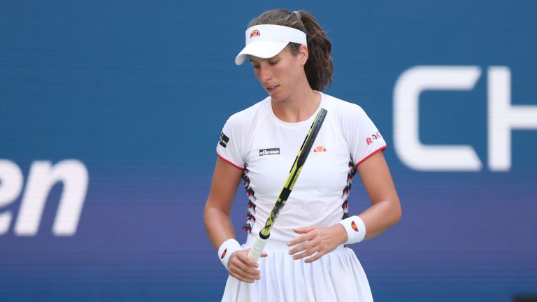 Johanna Konta of Great Britain reacts during her Women's Singles quarterfinal match against Elina Svitolina of the of the Ukraine on day nine of the 2019 US Open at the USTA Billie Jean King National Tennis Center on September 03, 2019 in the Queens borough of New York City