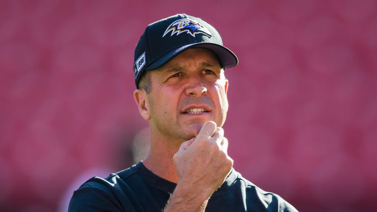 LANDOVER, MD - AUGUST 29: Head coach John Harbaugh of the Baltimore Ravens on the field before a preseason game against the Washington Redskins at FedExField on August 29, 2019 in Landover, Maryland. (Photo by Scott Taetsch/Getty Images)