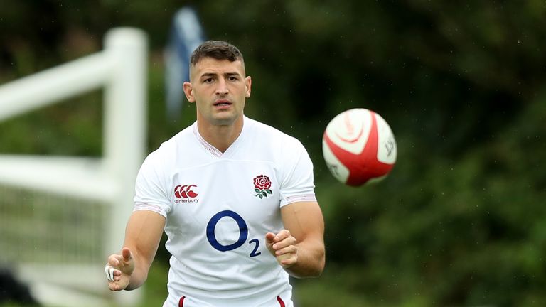 Jonny May catches the ball during the England captain&#39;s run held at Clifton College on August 16, 2019 in Bristol, England. 