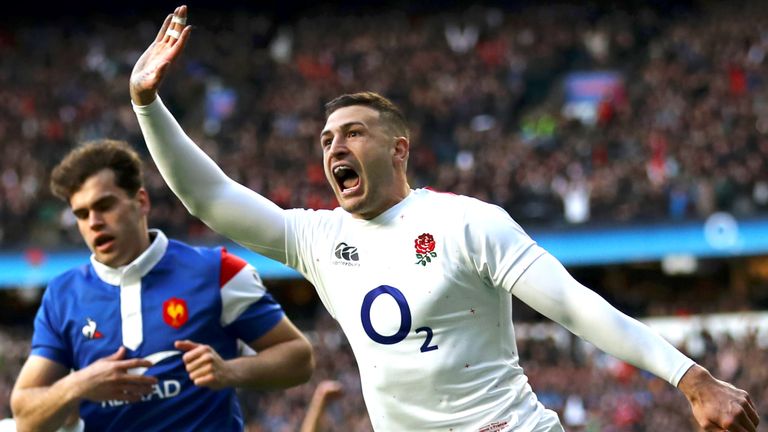LONDON, ENGLAND - FEBRUARY 10:  Jonny May of England celebrates scoring his sides first try during the Guinness Six Nations match between England and France at Twickenham Stadium on February 10, 2019 in London, England.  (Photo by Warren Little/Getty Images)