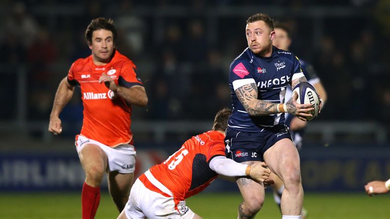 Josh Charnley of Sale Sharks of Saracens during the European Rugby Champions Cup match between Sale Sharks and Saracens at AJ Bell Stadium on December 18, 2016 in Salford, United Kingdom.
