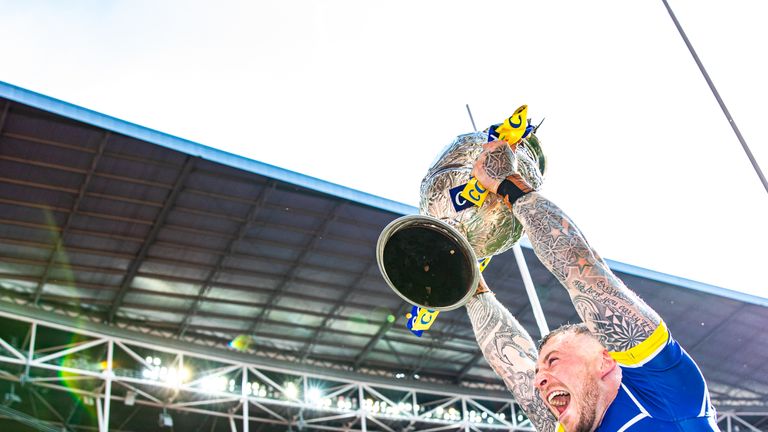Picture by Alex Whitehead/SWpix.com - 24/08/2019 - Rugby League - Coral Challenge Cup Final - St Helens v Warrington Wolves - Wembley Stadium, London, England - Warrington's Josh Charnley celebrates the win.