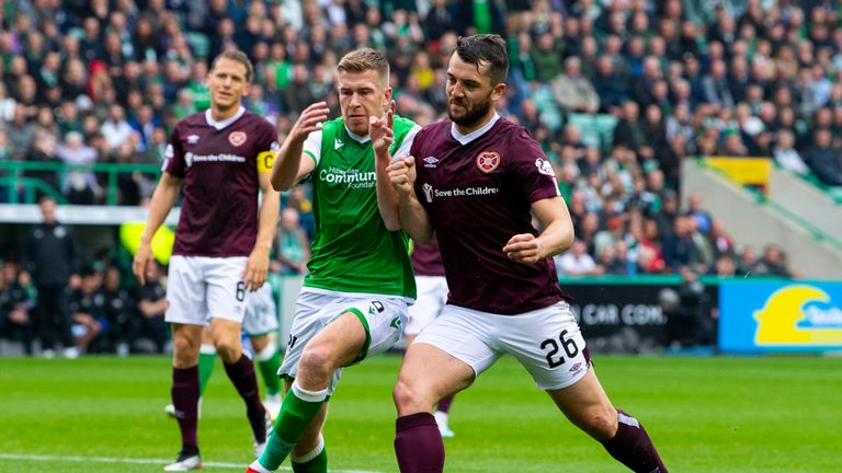 Hearts' Craig Halkett and Josh Vela during the Premiership match between Hibs and Hearts at Easter Road