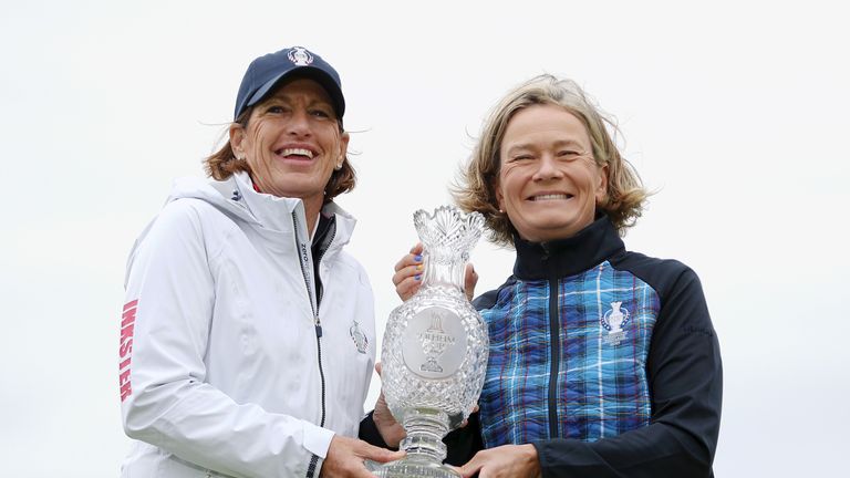Team USA Captain Juli Inkster and Team Europe Captain Catriona Matthew pose with the Solheim Cup trophy 