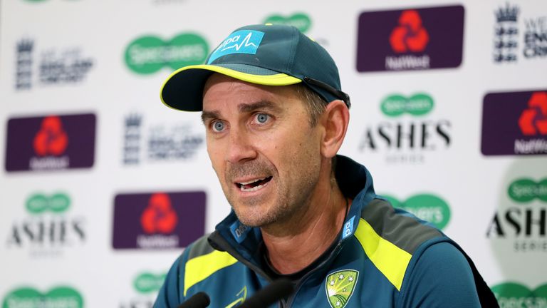 Australia head coach Justin Langer speaks during a press conference at The Oval