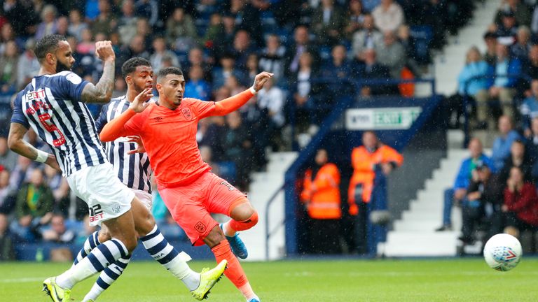 Karlan Grant scores Huddersfield's second goal at The Hawthorns