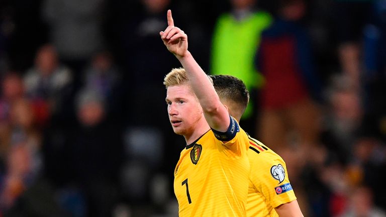 Belgium's midfielder Kevin De Bruyne celebrates scoring their fourth goal during the Euro 2020 football qualification match between Scotland and Belgium at Hampden Park, Glasgow on September 9, 2019. 