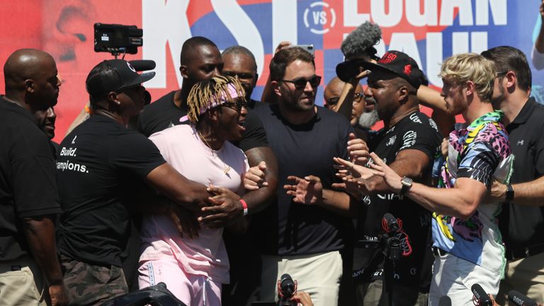 September 14, 2019; Los Angeles, California; YouTube sensations KSI and Logan Paul take the stage during their kickoff press conference for their November 9, 2019 rematch which will headline a Matchroom Boxing USA card at the Staples Center in Los Angeles, CA. Mandatory Credit: Melina Pizano/Matchroom Boxing USA