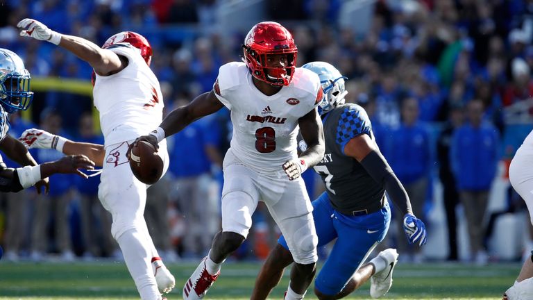 of the Louisville Cardinals against the Kentucky Wildcats during the game at Commonwealth Stadium on November 25, 2017 in Lexington, Kentucky.