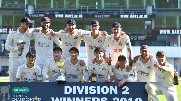 Lancashire are presented with the County Championship Division Two trophy