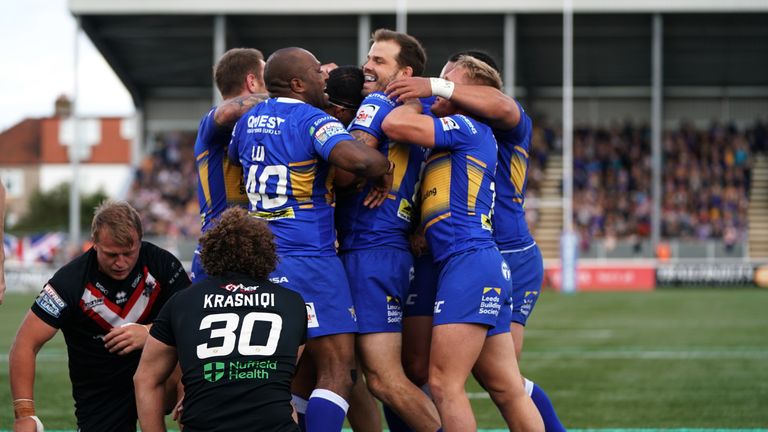 Leeds Rhinos' Ava Seumanufagai (hidden) celebrates with team mates after scoring a try during the Betfred Super League match at Ealing Trailfinders Rugby Club, London. PRESS ASSOCIATION Photo. Picture date: Sunday September 1, 2019. See PA story RUGBYL Broncos. Photo credit should read: Tess Derry/PA Wire. RESTRICTIONS: Editorial use only. No commercial use. No false commercial association. No video emulation. No manipulation of images.