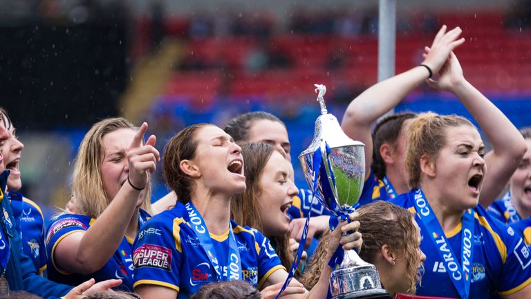 Picture by Isabel Pearce/SWpix.com - 27/07/2019 - Rugby League - Coral Women's Challenge Cup Final - Leeds Rhinos v Castleford Tigers - University of Bolton Stadium, Bolton, England - Courtney Hill of Leeds Rhinos celebrates the win.