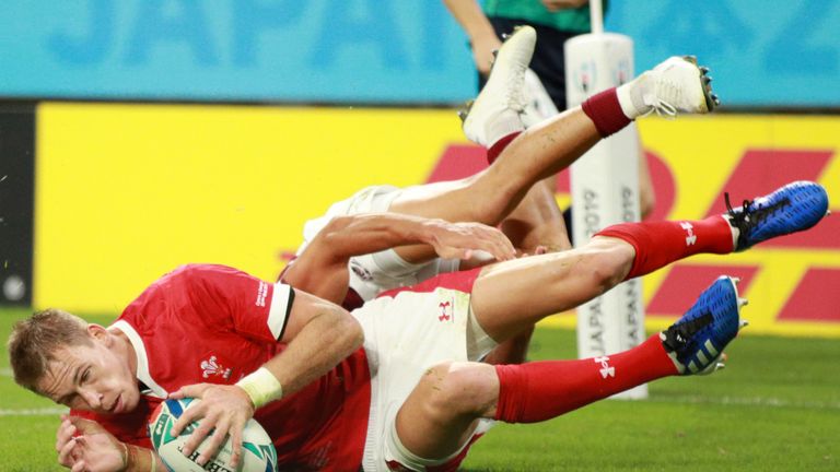 TOYOTA, JAPAN - SEPTEMBER 23: Liam Williams of Wales scores his sides fourth try during the Rugby World Cup 2019 Group D game between Wales and Georgia at City of Toyota Stadium on September 23, 2019 in Toyota, Aichi, Japan. (Photo by Adam Pretty/Getty Images)