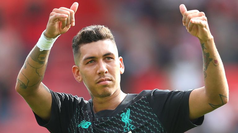 Roberto Firmino of Liverpool acknowledges the fans following his teams victory in the Premier League match between Southampton FC and Liverpool FC at St Mary's Stadium on August 17, 2019
