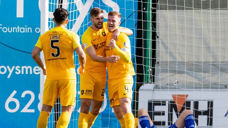 Livingston's Alan Lithgow celebrates after he heads home to make it 1-0 during the Ladbrokes Premiership match between Hamilton and Livingston at the FOY Stadium