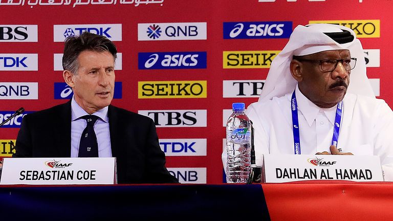 IAAF President Lord Sebastian Coe and President of Asian Athletics Association Dahlan al-Hamad attend a press conference prior to the 17th IAAF World Athletics Championships Doha 2019 at Khalifa International Stadium on September 26, 2019 in Doha, Qatar. 