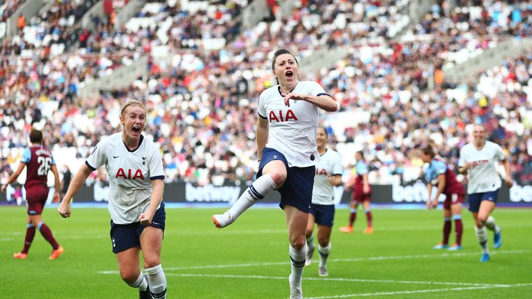 Lucy Quinn celebrate scoring Tottenham's second against West Ham