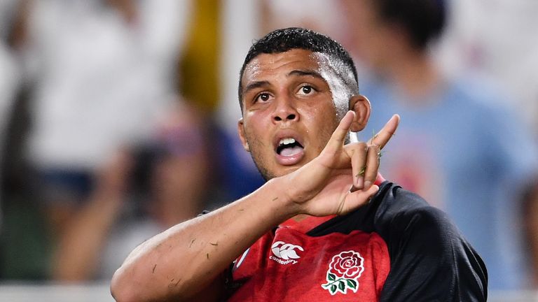 KOBE, JAPAN - SEPTEMBER 26: England's Lewis Ludlam celebrates scoring his sides sixth try during the Rugby World Cup 2019 Group C game between England and USA at Kobe Misaki Stadium on September 26, 2019 in Kobe, Hyogo, Japan. (Photo by Ashley Western/MB Media/Getty Images)