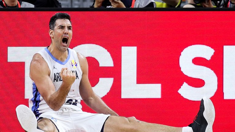 Luis Scola of Argentina celebrates a point during the quarter final of 2019 FIBA World Cup between Argentina and Serbia