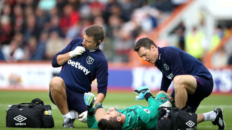 Lukasz Fabianski was forced off the field with a thigh injury in the first period