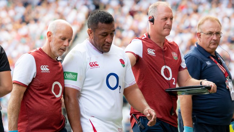 A dejected England's Mako Vunipola leaves the pitch injured during England's World Cup warm-up win over Ireland
