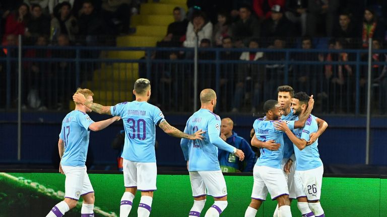 Manchester City celebrate a goal in the Champions League
