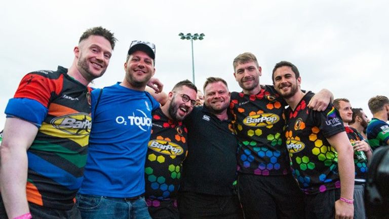 Spartans Celebrate at the end of the Union Cup (L-R - Andrew Wignall, Dean Bee (Previous Chairman of Spartans), Glyn Weasley, Gareth Longley (Chair of Spartans), Marc Heaney (2xv Captain), Chris Goodman (2 XV))