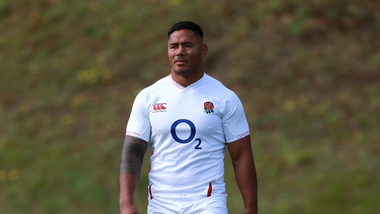 Manu Tuilagi looks on during the England captain's run at Pennyhill Park on August 23, 2019 in Bagshot, England. 