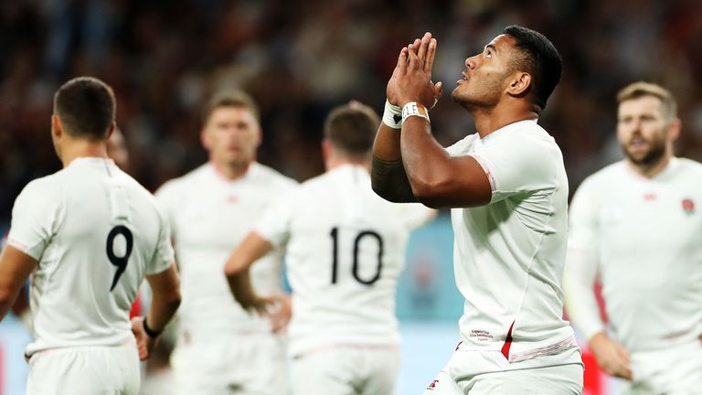Manu Tuilagi celebrates after scoring England's first try of the Rugby World Cup 2019 against Tonga