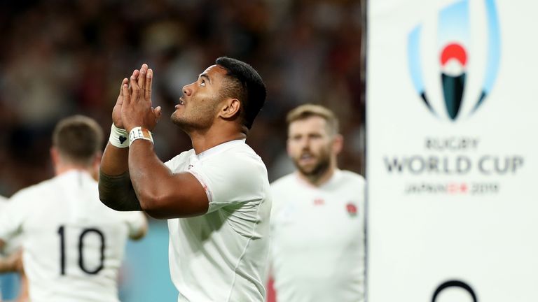 Manu Tuilagi  prays after scoring his second try against Tonga