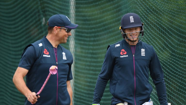 Trescothick coaching in the nets with England's Jos Buttler during the first Ashes Test at Edgbaston